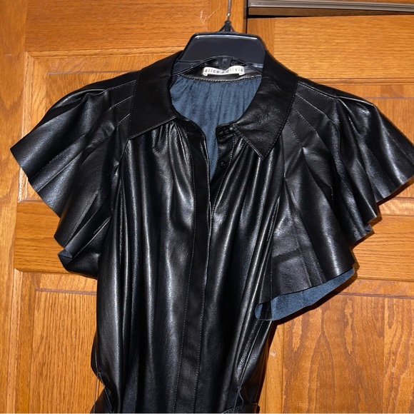 Alice & Olivia Black McKell Vegan Leather Flutter-Sleeve Mini Dress - Picture 6 of 7